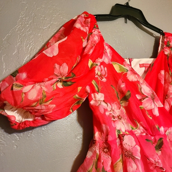 Flying Tomato Bright Pink Ombre V Neck Babydoll Mini Dress Sz Small Puff Sleeves - Picture 4 of 10